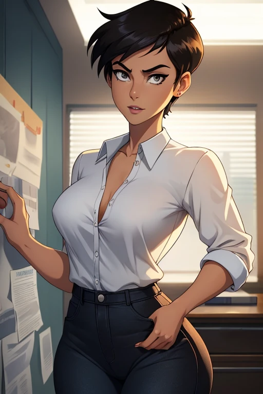 ((ultra quality)), ((masterpiece)), Lois Lane, short stature, ((black short hair tomboy hairstyle)), (Beautiful face), (beautiful female lips), (), charming, ((sexy facial expression)), looks at the camera, eyes slightly open, (light skin color), (light skin), glare on the body, ((detailed beautiful female eyes)), ((grey eyes)), (juicy female lips), (dark makeup, dark eyeliner, dark lipstick), (beautiful female hands), ((ideal female figure)), ideal female body, beautiful waist, gorgeous thighs, beautiful small breasts, ((subtle and beautiful)), sexy worth (), (White unbuttoned shirt, breast exposed out of her shirt,, Black jeans) athletic female anatomy, background: office, ((depth of field)), ((high quality clear image)), (clear details), ((high detail)), realistically, professional photo session, ((Clear Focus)), anime