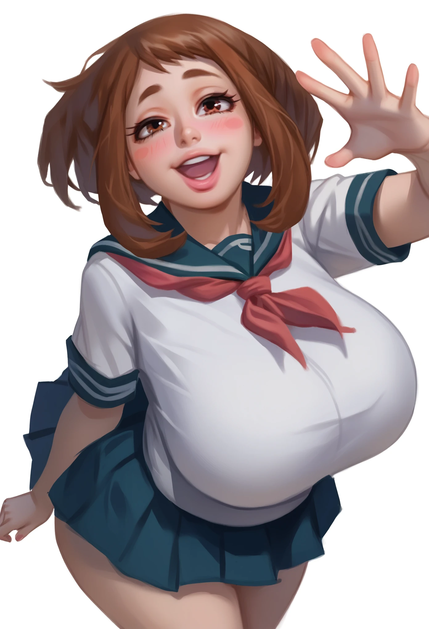 smudgy, traditional art, liu2, brush texture, score_9, score_8_up, score_7_up, 1girl , Uraraka Ochaco , brown hair, short hair, straight hair, brown eyes, thick lips, small, long eyelashes, plump, teen , talking to the viewer, pink lips,  looking at viewer, BREAK solo, standing,  skinny, BREAK (white background:1.2), simple background, , normal pose,  fofo, blush, very happy face, corpo grosso, thick ass, thick legs, thick hips, curvy, japanese school uniform, gathered skirt, frontal view, chubby,  huge breasts, quadril largo, very detailed, melhor qualidade, obra-prima, half-closed eyes, human pov, normal view