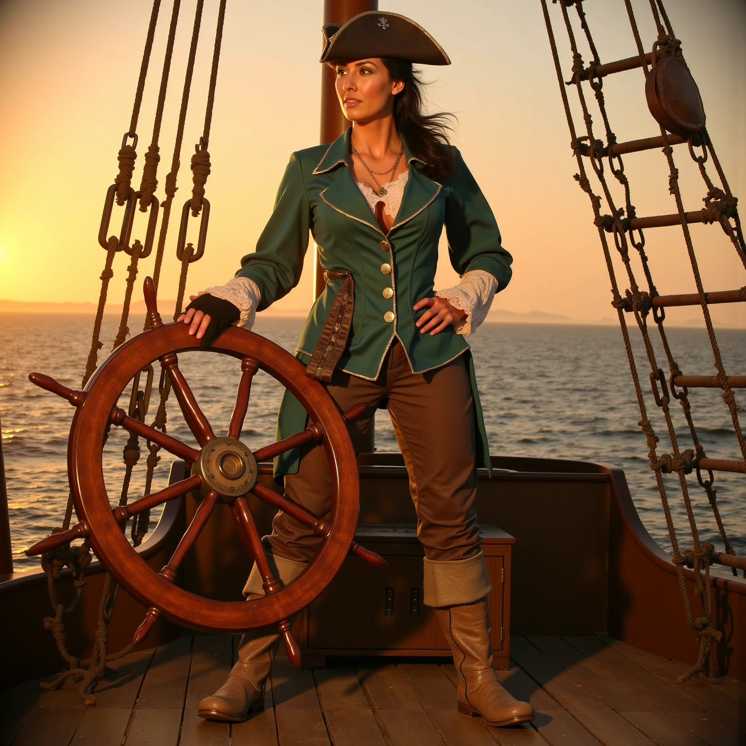 A majestic 17th century sailing ship's deck is bathed in warm golden light as Dread Pirate Roberts stands tall, his piercing blue eyes scanning the horizon. His worn leather boots firmly planted on the wooden planks, he exudes confidence and authority. The wind whispers through his flowing black hair as he grasps the ship's wheel, his gloved hand a symbol of control and dominance. The rhythmic creaking of the ship's hull and the distant cries of seagulls create a sense of adventure and freedom.