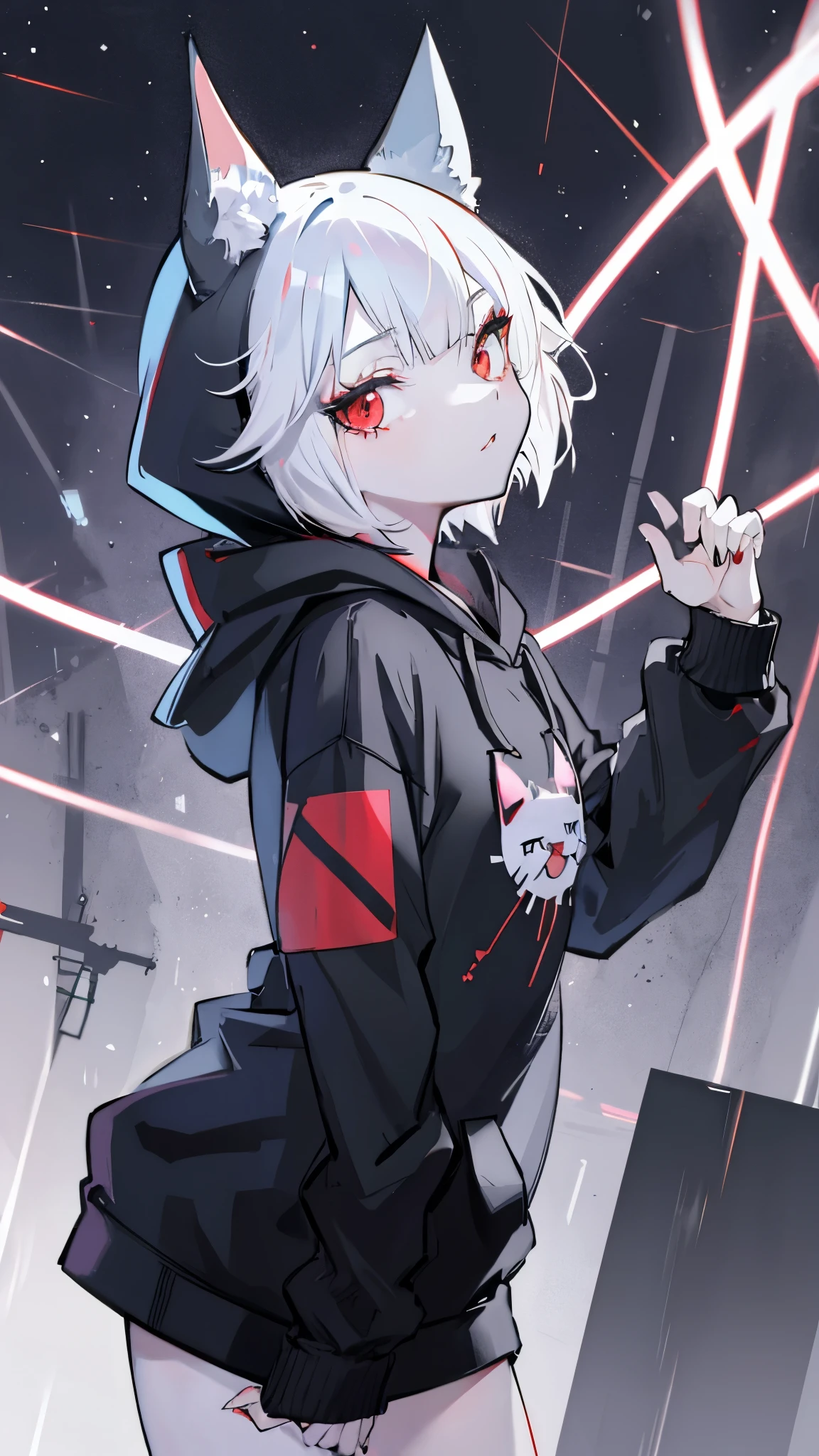 A cat in the form of a girl, bob cut,black kemomimi,Night City,rain, black hoodie,Red eyes, Kampala, Suspicious atmosphere, is wearing a hoodie hood,White shiny hair