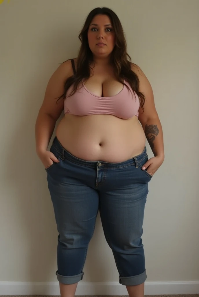 1girl, Age 18, (red pimples on the face:1.2), Obesity Physique, Round belly, (stretch marks:1.2) fat rolls, a lot of body hair, double chin, Plump Lips, bbw, Fatass, Sweaty, pink hair, Blue eyes, Mini Skirt, crop top, ((Lazy Personality)), Tired, 