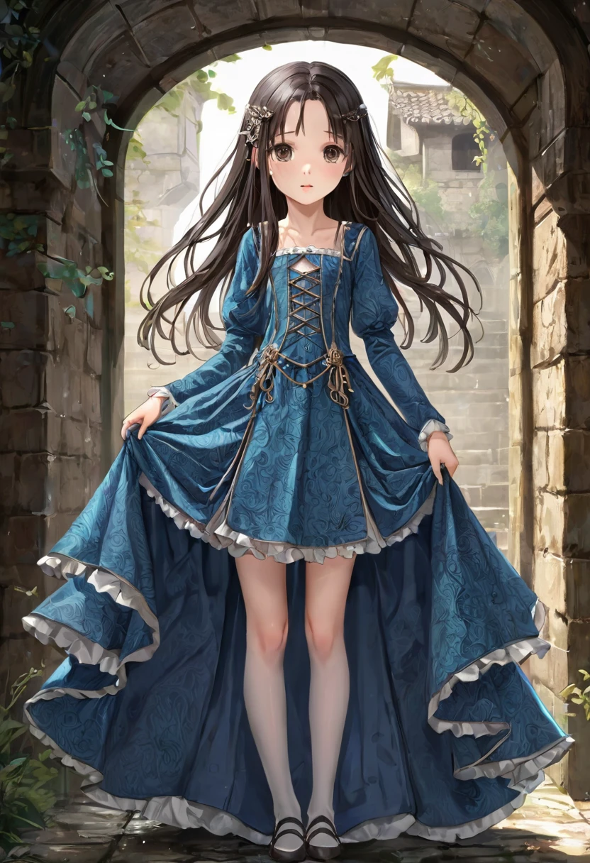  最high quality, high quality, ８ -old l 、Long Hair, wet hair, flat chest, Dark underground labyrinth, No light, Medieval luxury long dress ,  tentacles go inside the dress  ,Hold down the skirt,Girls Underwear, Realistic bloomer made of patterned cotton fabric, Medieval one-piece dress with panniers, Fabric Realism, Low angle, You can see the drawer, Pull up the dress with your hands, Strong winds,  Clear Slips,  Clear Slips, tights, 最high quality,  crotch close-up , whole body
