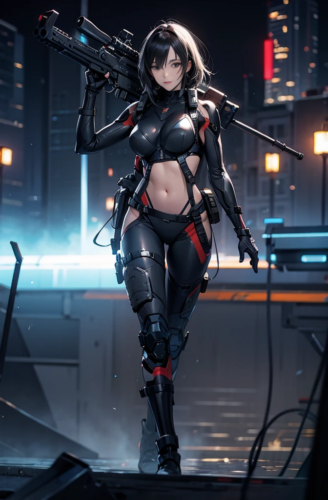 8K,beautiful,cyber punk,cyber punkな街並み,Neon night,Charming girl at 18 years old,Baby Face,Long Shot,whole body,Composition from afar,(Held up a gun)