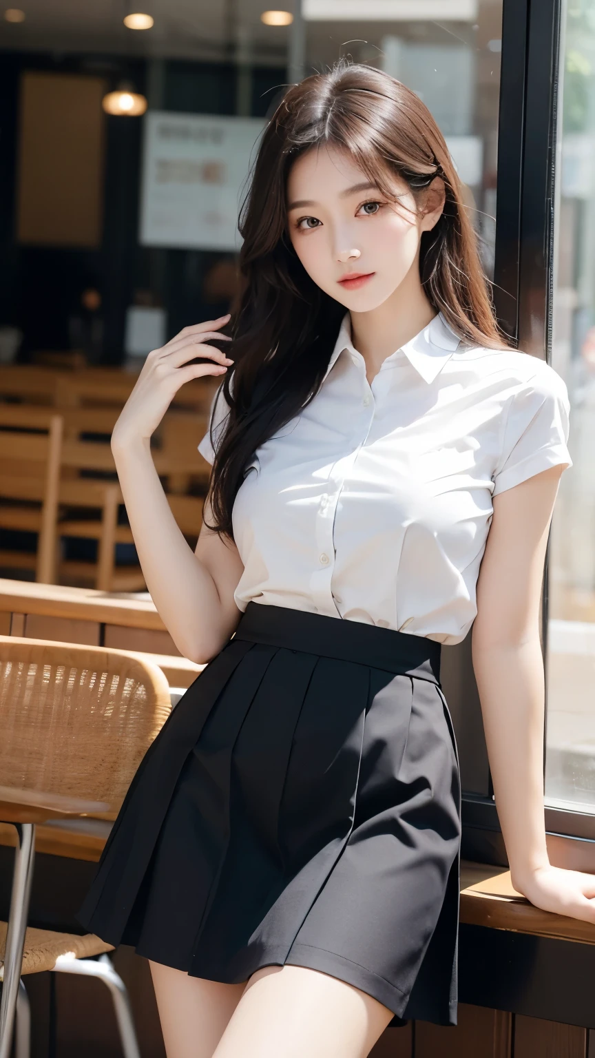 No face，Film texture，Natural Light， Delicate details ，Beautiful face，Model photo shoot, beautiful detailed eyes,Very slender eyes,  Beautiful eyelashes  , Beautiful double eyelids ， best quality，School Uniform，Big breasts，Cafe，Legs stuck to the ground，Office Building，Black lace skirt，Two Legs