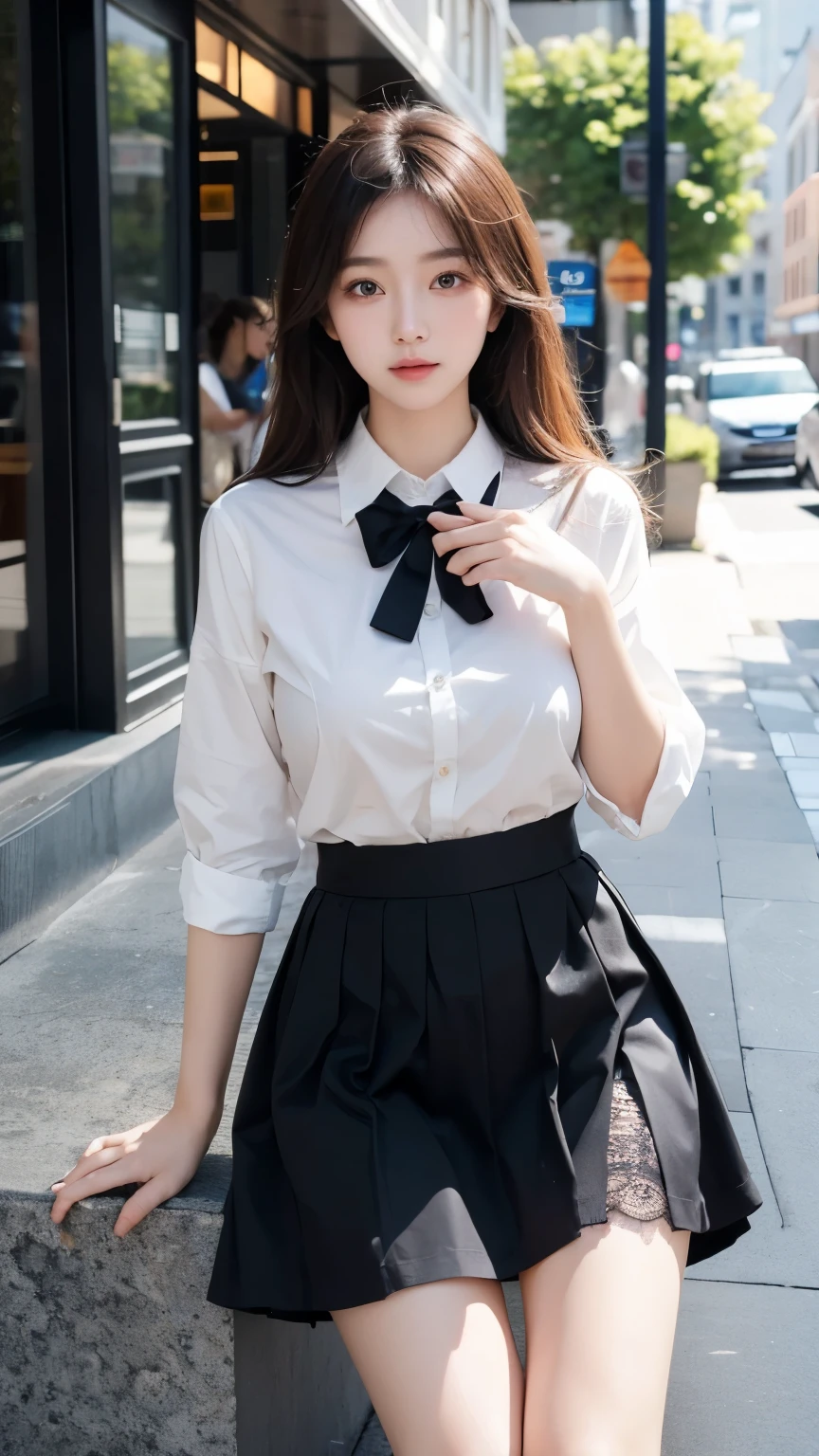 No face，Film texture，Natural Light， Delicate details ，Beautiful face，Model photo shoot, beautiful detailed eyes,Very slender eyes,  Beautiful eyelashes  , Beautiful double eyelids ， best quality，School Uniform，Big breasts，Cafe，Legs stuck to the ground，Office Building，Black lace skirt，Two Legs