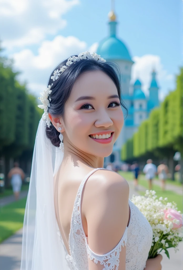  An elegant lady in a white wedding dress, the camera captures her beautiful smiling face in close-up, blue crystal palace surrounded by flowers and trees, blue sky and clouds, pink dreamy background, fantasy style, high resolution, photography, dreamy background, lighting shot, soft lighting, ultra detailed, surrealism, princess dress, super realistic image.4k, UHD, detailed face, detailed eyes, detailed lips, detailed nose, best quality, 4k, 8k, high resolution, masterpiece:1.2, ultra-detailed, realistic, photorealistic:1.37, HDR, UHD, bokeh, super photography, dramatic light, lady,
