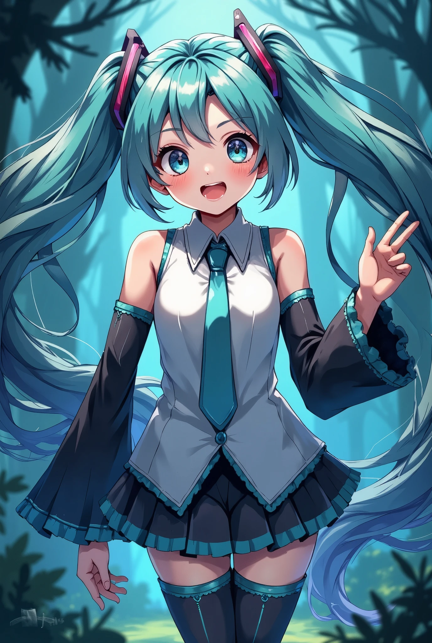 (masterpiece、Best Quality、Best Quality、Official Art、Beautiful and beautiful:1.2)、(One person:1.3) Hatsune Miku、 twin tails,Beautiful breasts,Happy girl, Center,  looking at camera, Approaching perfection, dynamic, (With shades of blue (( forest green 1.5)))), Advanced Details,  Digital Painting ,  Art Station ,  concept art, ,  sharp concentration , Illustration, Works by Carne Griffiths and Wadim Kashin, Detailed face, 4K