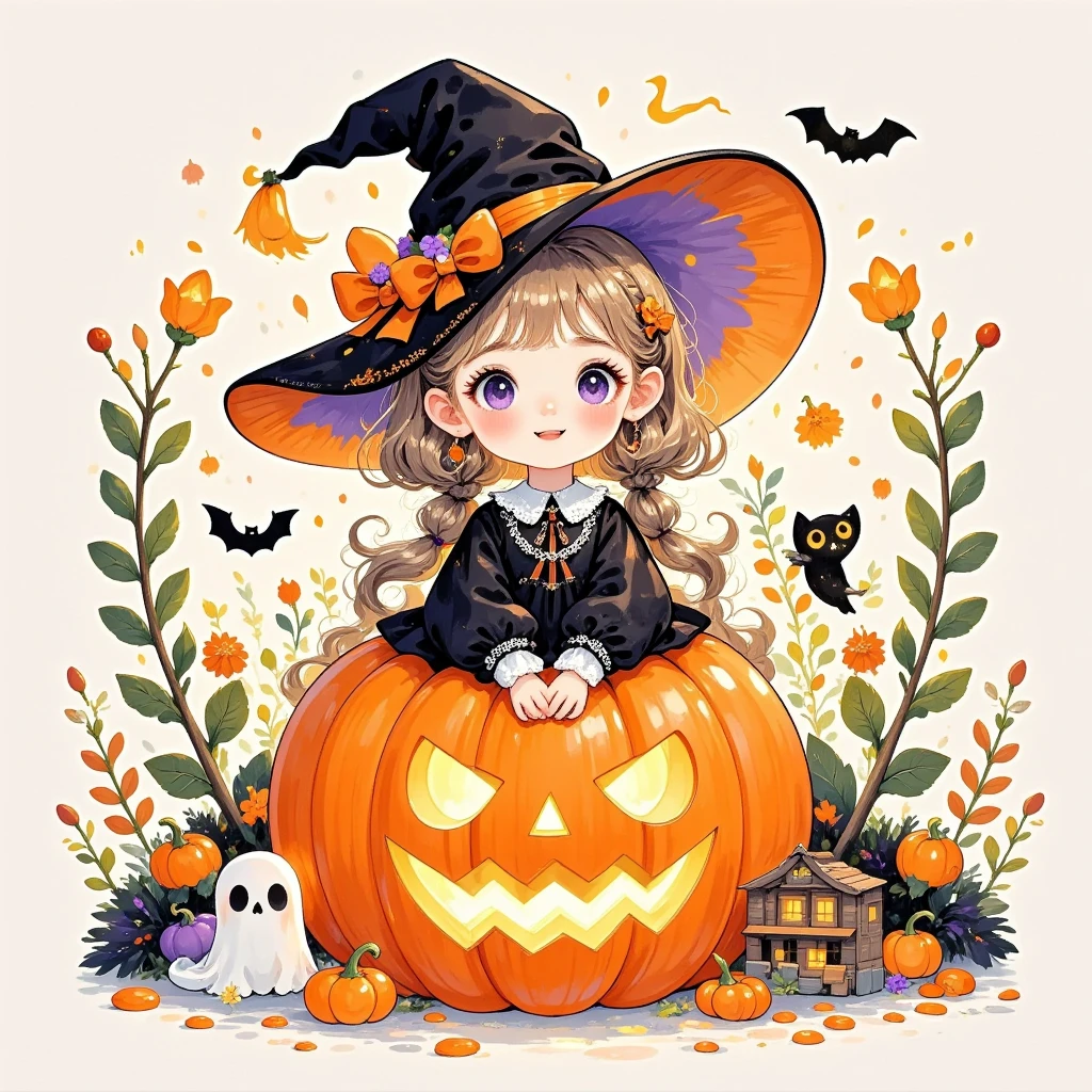 Cartoon Illustration Style, , many, Rococo, line illustration , Hand drawn illustrations, Halloween, 1 Girl, Cute little witch, Sit on a jack-o'-lantern, Halloween decoration, pleasure, Qibi style, Cute cartoon style, warmth, Pure white background