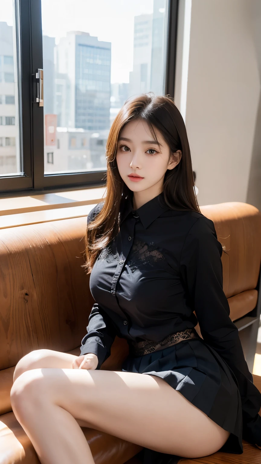No face,Film texture,Natural Light, Delicate details ,Beautiful face,Model photo shoot, beautiful detailed eyes,Very slender eyes, Beautiful eyelashes , Beautiful double eyelids , best quality,School Uniform,Big breasts,Cafe,Legs stuck to the ground,Office Building,Black lace skirt,Two Legs
