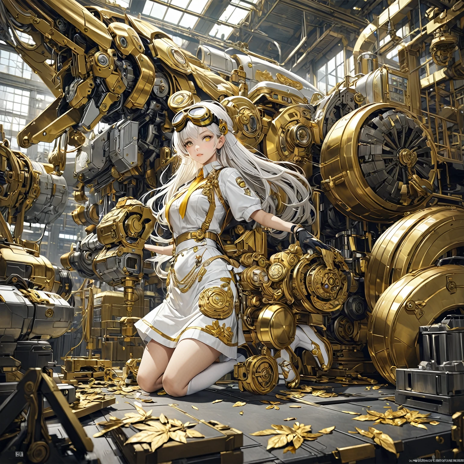 A masterpiece, a detailed factory scene, Girl, white hair, yellow eyes, big goggles on her head, super elaborate, super high class, use of gold leaf, work clothes, huge machines, metallic luster,