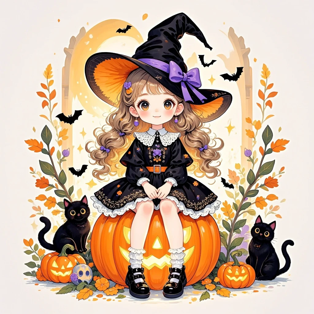 Cartoon Illustration Style, , many, Rococo, line illustration , Hand drawn illustrations, Halloween, 1 Girl, Cute little witch, Sit on a jack-o'-lantern, Halloween decoration, pleasure, Qibi style, Cute cartoon style, warmth, Pure white background