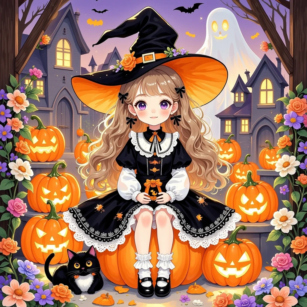 Cartoon Illustration Style, , many, Rococo, line illustration , Hand drawn illustrations, Halloween, 1 Girl, Cute little witch, Sit on pumpkin lanterns , Halloween decoration, pleasure, Qibi style, Cute cartoon style, warmth,