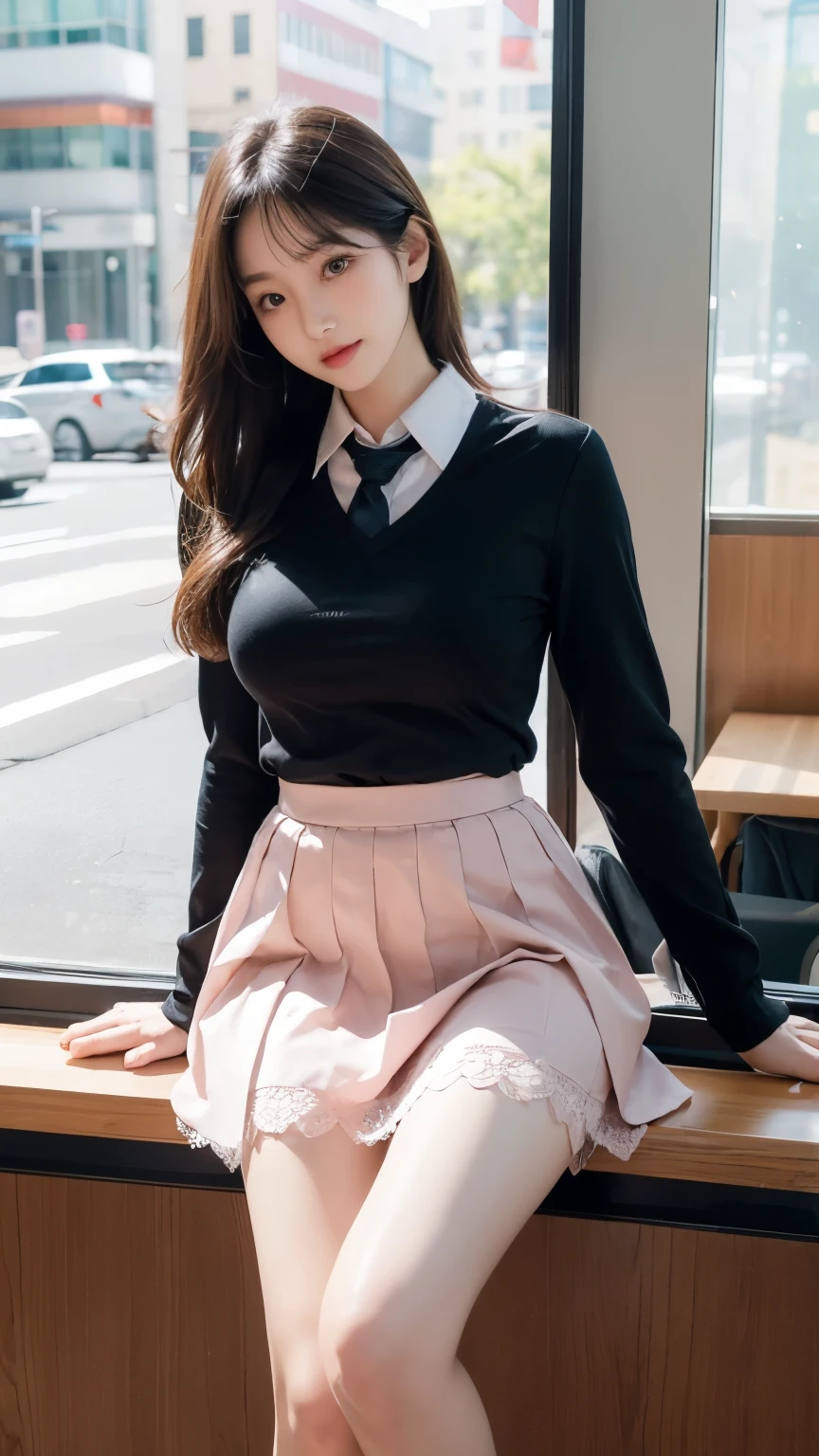 No face,Film texture,Natural Light, Delicate details ,Beautiful face,Model photo shoot, beautiful detailed eyes,Very slender eyes, Beautiful eyelashes , Beautiful double eyelids , best quality,School Uniform,Big breasts,Cafe,Legs stuck to the ground,Office Building, pink lace skirt,Two Legs