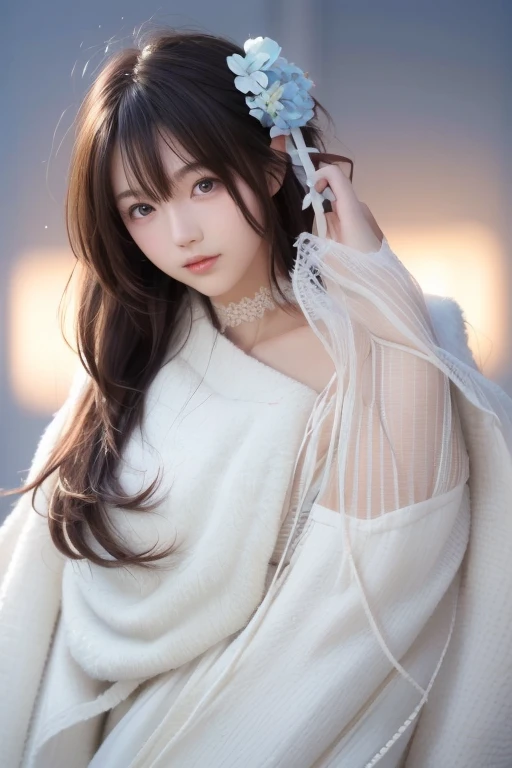 A ２０ year-old Japanese model in a white dress and blue cloak holds a sword, anime girl  cosplay, anime  cosplay,   blue accent costume wearing a white dress and blue cloak ,  cosplay photo, professional  cosplay,  cosplay,  cosplay,  elegant glamourous  cosplay,  looking at the camera 、Detailed and beautiful eyes、Cute smile、A soft and gentle look