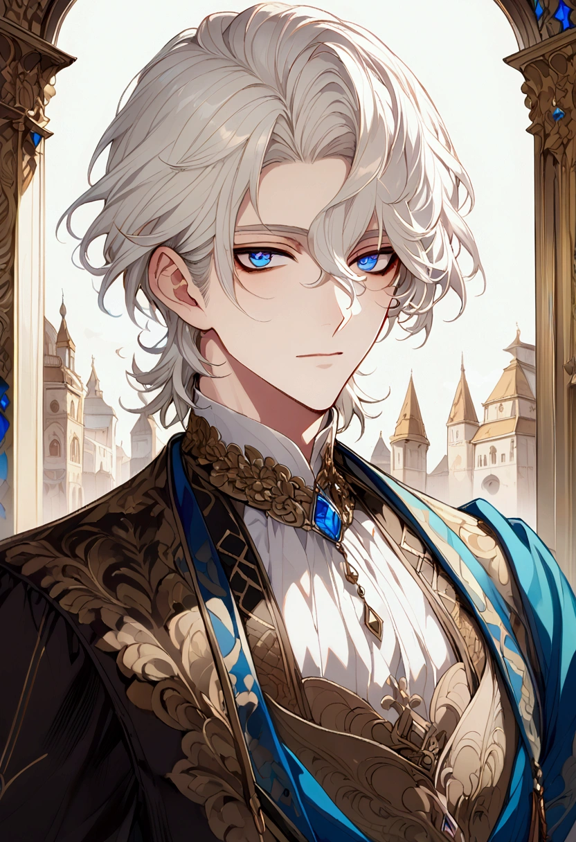 (white_hair), (short_hair), (Blue_crystal_eyes), (Handsome), (male),(wears_European_clothes), ((detailed_Hair)), (detailed), (highly_detailed_eyes), (detailed_mouth), (late_Teen), (dark_under_eyes), (highly_refined),