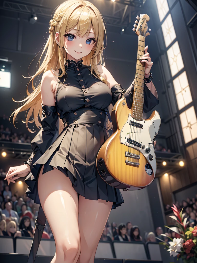 8k, Best Quality, The real picture,  complicated details, Very detailed,  super high definition, Depth Field, ( realistic, realistic),  table top to cover upper arms, (( shot above the knee)), ((((Standing and playing an electric guitar)))), ((( 1 girl))), eye_Chan,  so beautiful, innocent big eyes, Beautiful breasts, 非常に詳細なeye, (Beautiful breasts), ((Blonde)), (Braided one tail), (Asymmetrical bangs), Perfect Skin, Fair skin, Small breasts, Tight waist, Alone,  staring at viewers , (smile), (( goth fashion )), (black pleated mini skirt), (Standing in the concert hall )