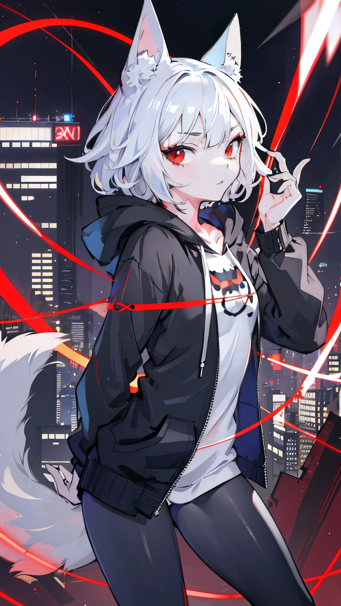  A cat in the shape of a girl,  bob cut,black kemomimi,Night City,rain,  black hoodie,Red eyes, Kampala , Suspicious vibe ,  I'm wearing a hoodie ,White shiny hair,Plug Suit