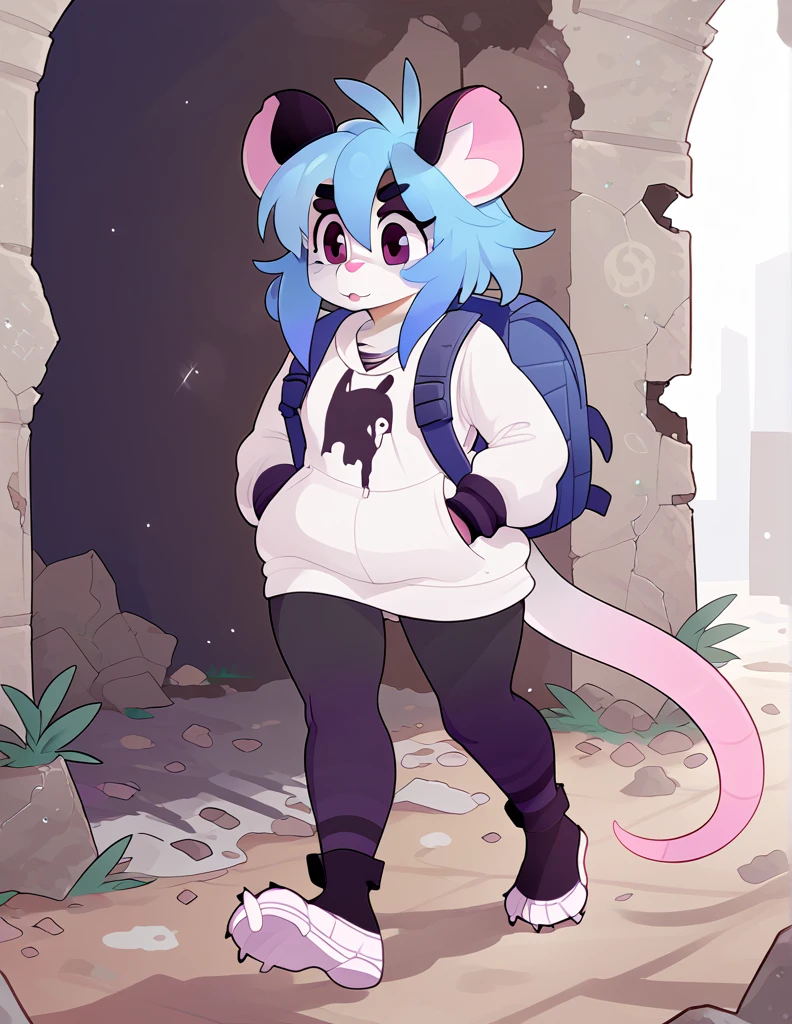 1girl, solo, walking through ruins, apocalyptic city, ((rat girl, kemonomimi, cute, blue hair, white fur, apocalypse survivor, backpack)), dirty, scrappy clothing, fuzzy, 