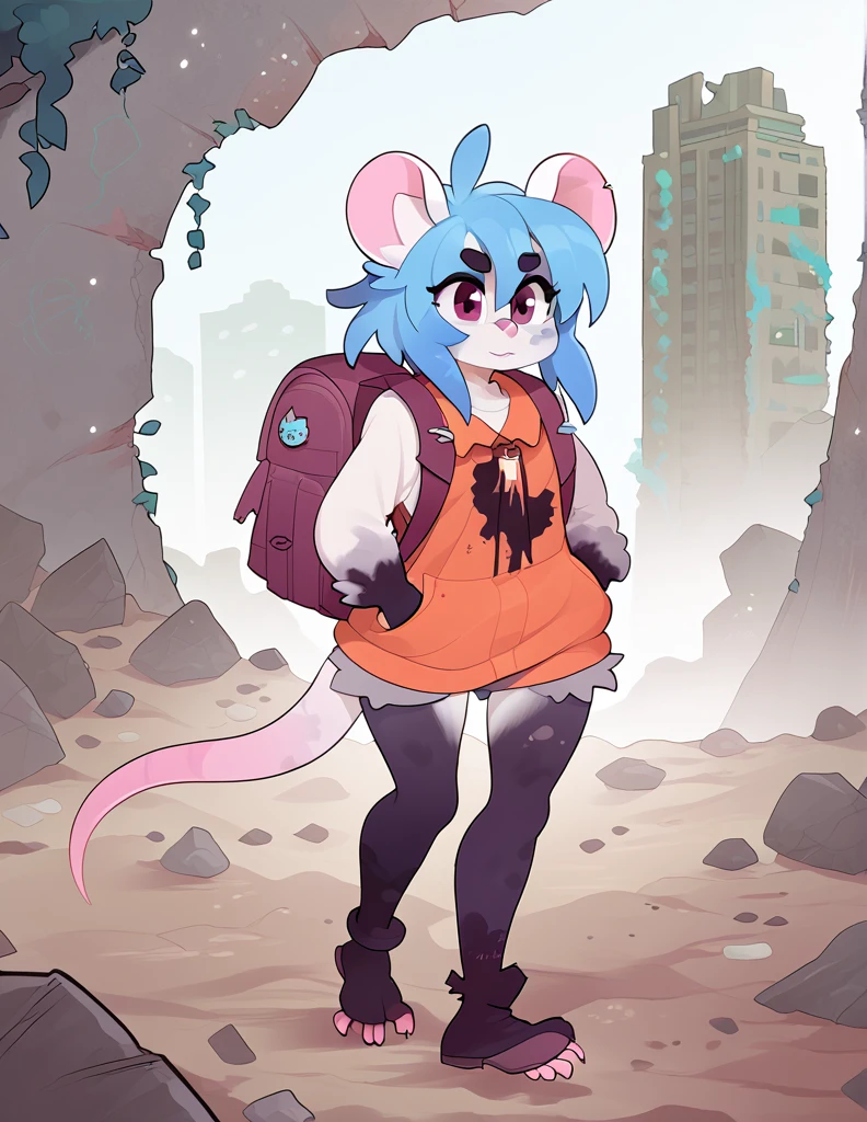 1girl, solo, walking through ruins, apocalyptic city, ((rat girl, kemonomimi, cute, blue hair, white fur, apocalypse survivor, backpack)), dirty, scrappy clothing, fuzzy, 