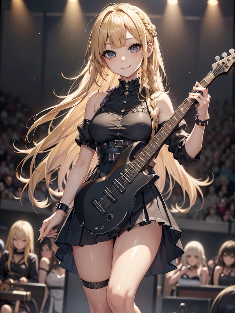 8k, Best Quality, The real picture,  complicated details, Very detailed,  super high definition, Depth Field, ( realistic, realistic),  table top to cover upper arms, (( shot above the knee)), ((((Standing and playing an electric guitar)))), ((( 1 girl))), eye_Chan,  so beautiful, innocent big eyes, Beautiful breasts, 非常に詳細なeye, (Beautiful breasts), ((Blonde)), (Braided one tail), (Asymmetrical bangs), Perfect Skin, Fair skin, Small breasts, Tight waist, Alone,  staring at viewers , (smile), (( goth fashion )), (black pleated mini skirt), (Standing in the concert hall )