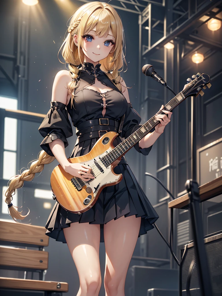 8k, Best Quality, The real picture,  complicated details, Very detailed,  super high definition, Depth Field, ( realistic, realistic),  table top to cover upper arms, (( shot above the knee)), ((((Standing and playing an electric guitar)))), ((( 1 girl))), eye_Chan,  so beautiful, innocent big eyes, Beautiful breasts, 非常に詳細なeye, (Beautiful breasts), ((Blonde)), (Braided one tail), (Asymmetrical bangs), Perfect Skin, Fair skin, Small breasts, Tight waist, Alone,  staring at viewers , (smile), (( goth fashion )), (black pleated mini skirt), (Standing in the concert hall )