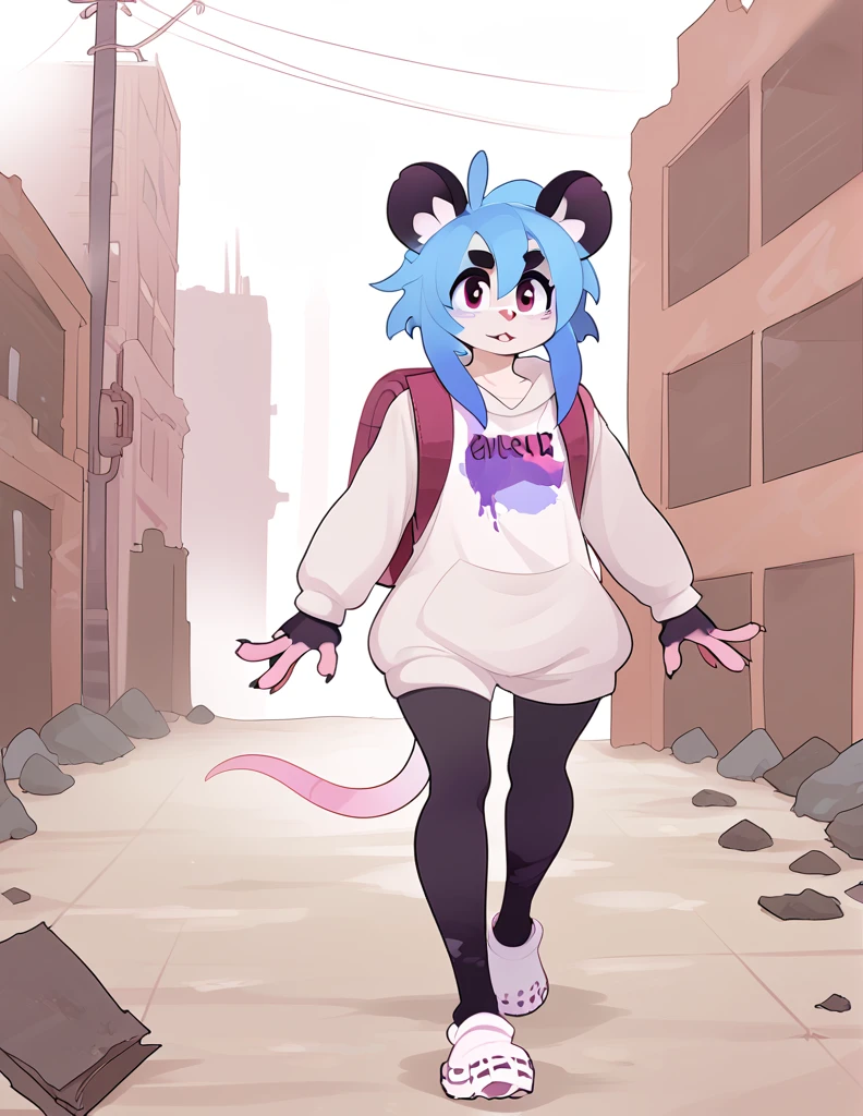 1girl, solo, walking through ruins, apocalyptic city, ((rat girl, kemonomimi, cute, blue hair, white fur, apocalypse survivor, backpack)), dirty, scrappy clothing, fuzzy, 