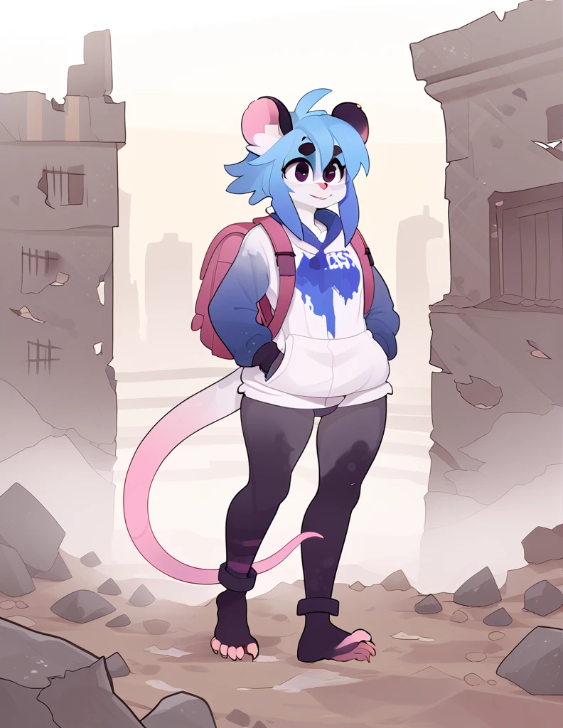 1girl, solo, walking through ruins, apocalyptic city, ((rat girl, kemonomimi, cute, blue hair, white fur, apocalypse survivor, backpack)), dirty, scrappy clothing, fuzzy, 