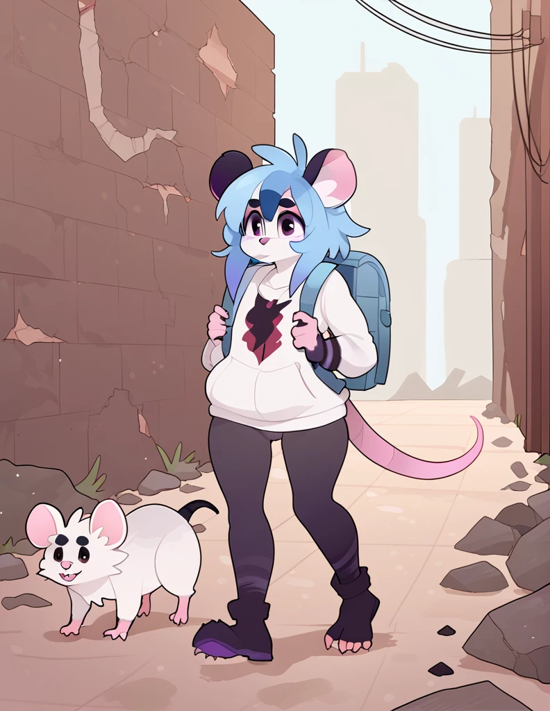 1girl, solo, walking through ruins, apocalyptic city, ((rat girl, kemonomimi, cute, blue hair, white fur, apocalypse survivor, backpack)), dirty, scrappy clothing, fuzzy, 