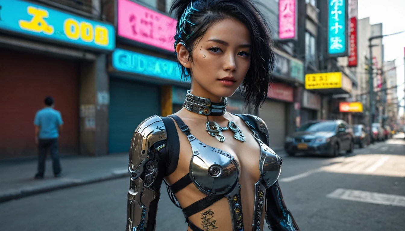 top quality, masterpiece , ultrahigh resolution, ((photorealistic: 1.4), RAW Photo, 1 chica cyberpunk, black hair, shiny skin, 1 mechanical girl, (Ultra realistic details)), global illumination, Deep shadows, Octane rendering , 8K, ultra sharp, metal, Intricate ornamental details, Egyptian details, very intricate details , Realistic light, CGSoation tendencia, in front of camera, neon details, mechanical limbs, tubes connected to mechanical parts, Mechanical vertebrae attached to the back, mechanical cervical attachment to the neck, alambres y cables que se conectan a la cabeza, evangelion, small bright LED lamps, (dazzling streets of the Cyberpunk city in the background).