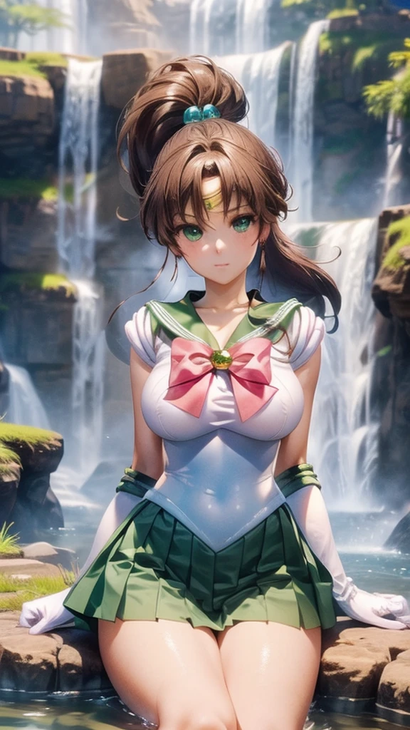 (((masterpiece))), ((( Kampala)))、(((8K quality)))、((( perfect face)))、 ,   with clear skin and look at the camera , ((最 high qualityの目)), (Detailed face), ( detailed texture ), Sailor Jupiter Cosplay Costume、One Girl, Alone,  Kampala,  anatomically correct, 最 high quality, draw your whole body  、The bust is a little small、White long gloves、 green skirt 、(((By the waterfall、On my knees、 Drenched )))、One Girl, Alone,  Kampala,  anatomically correct, 最 high quality,  Kampala, masterpiece, Accurate, 最 high quality,  very detailed ,  ultra-fine,  textured skin,  high quality,  Kampalaモデル, Full body description、 LONG SHOT 