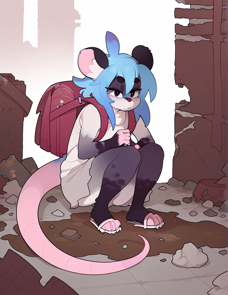 1girl, solo, ruins, apocalyptic city, ((rat girl, kemonomimi, cute, blue hair, white fur, apocalypse survivor, backpack)), dirty, scrappy clothing, fuzzy, scavenger, digging through pile, scavenging