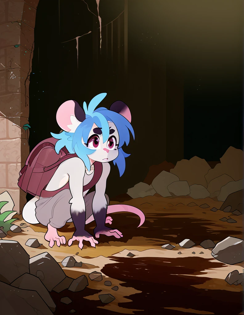 1girl, solo, ruins, apocalyptic city, ((rat girl, kemonomimi, cute, blue hair, white fur, apocalypse survivor, backpack)), dirty, scrappy clothing, fuzzy, scavenger, digging through pile, scavenging