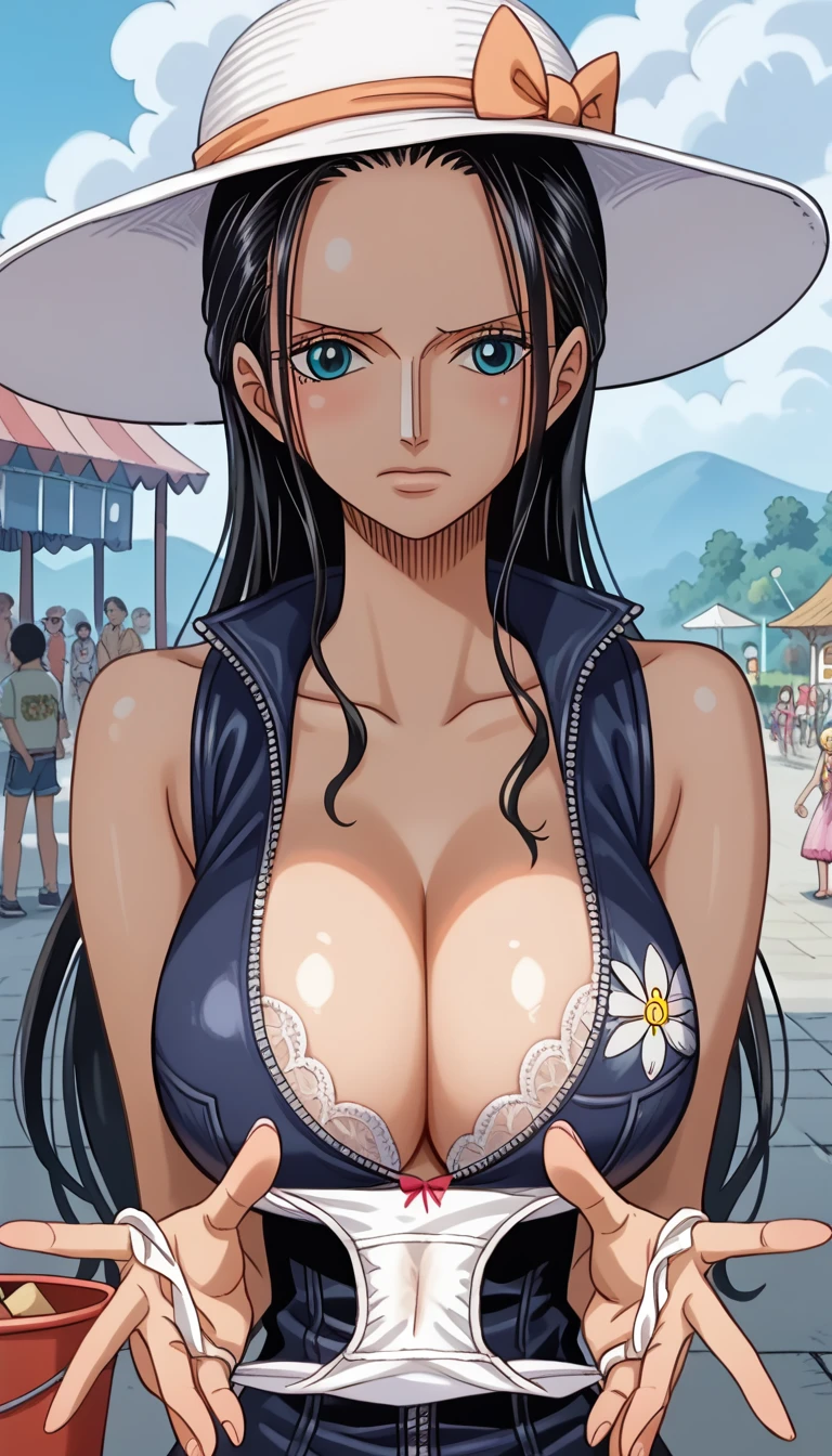  score_9, score_8_up, score_7_up, source_anime,  (anime coloring, anime screencap:1.2), flat color,  megami magazine , shiny skin,ONEPIECE,Nico Robin, long hair, black hair, bucket hat, white headwear, eyewear on headwear, sunglasses, forehead, blue eyes, collarbone, bare shoulders, cleavage, blue dress, short dress, sleeveless, Huge breasts,hanging breasts,gigantic breasts,long breasts,brest apart、sagging breasts,(masterpiece),(Best Quality),( very detailed ),( Kampala),8k,wallpaper,(1 female),(Japanese),(Beautiful female fingers:1.6, Detailed depiction of the hand:1.3),( functional),( voluminous ),Front,look at me,Outdoor,Clear skies,break(Sexy lingerie panties as a gift:1.2),( shorts presentation),holding panties, Unworn Pantie ,embarrassed,flushed cheeks