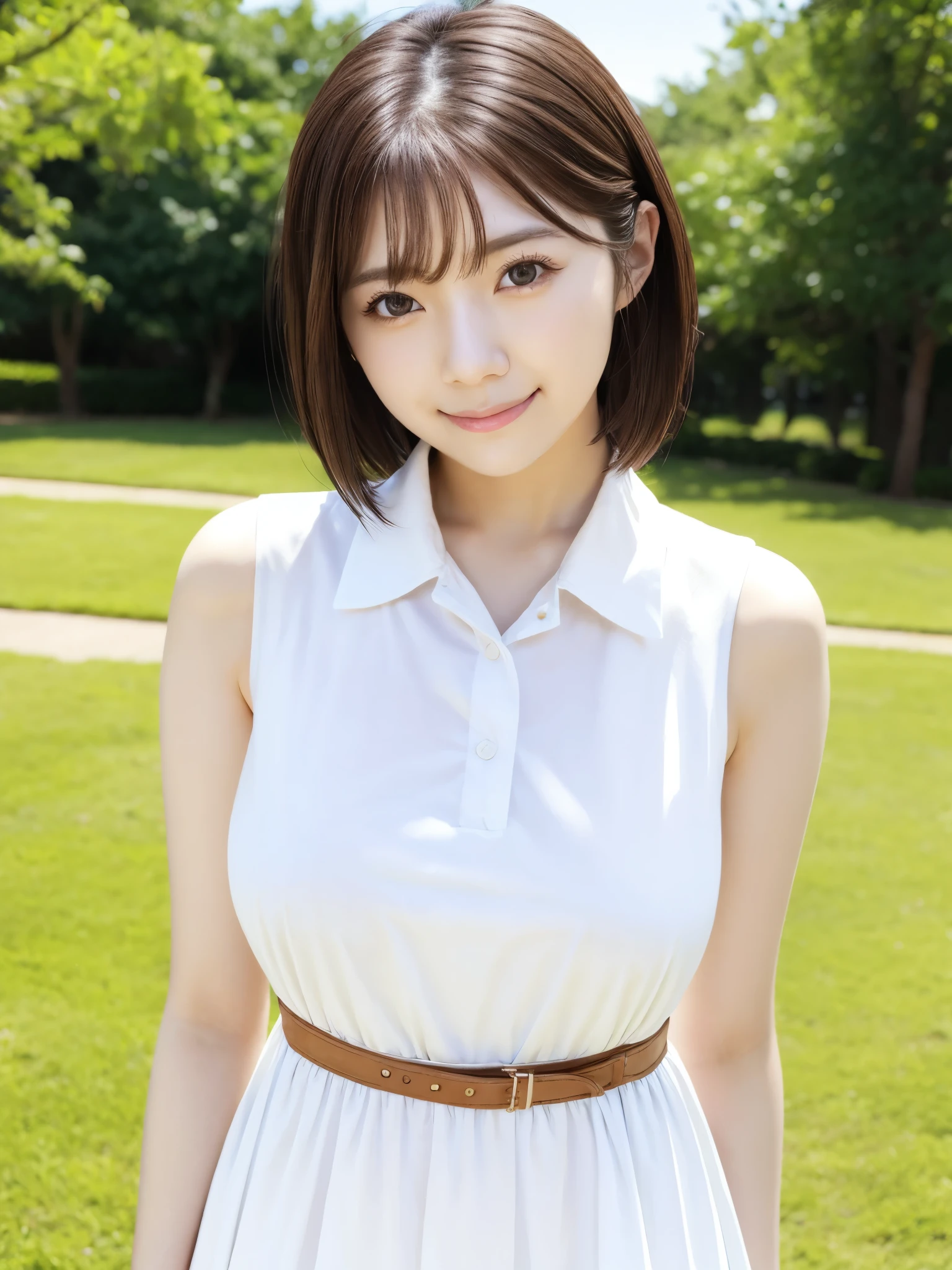 1girl, maitsubasa_jav, breasts, short hair,  brown eyes,
wearing collared white dress, belt, jewelry, outdoors,
detailed body, attractive body, perfect human body, upper body,
looking at viewer, shot using canon DSLR,
(ultimate quality, masterpiece, highres:1.0), realistic:1.8, photorealistic,   