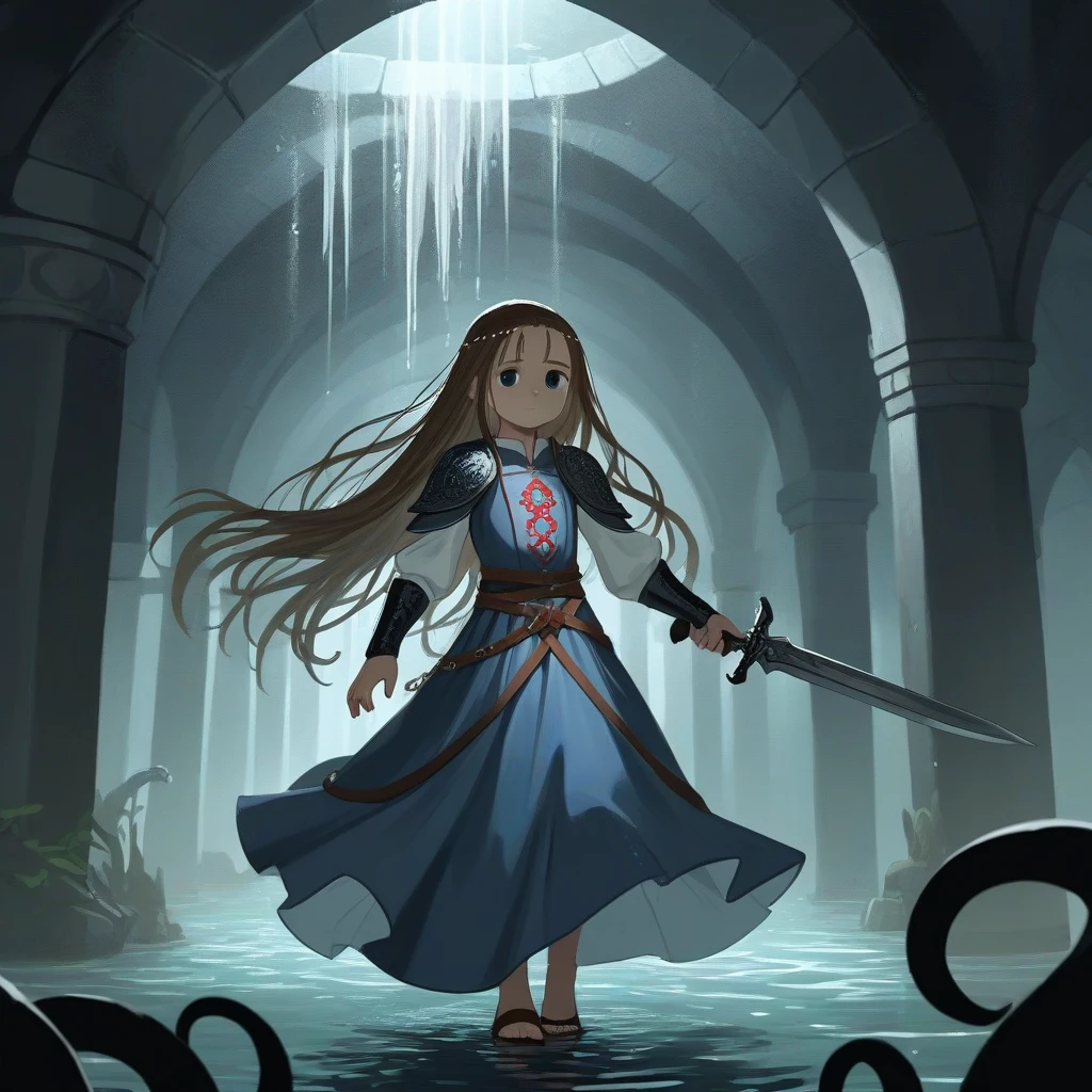 最high quality, high quality, ８ year-old girl 、Long Hair, wet hair, flat chest, Dark underground labyrinth, No light, Medieval luxury long dress ,  Equipped with a dagger and a shield,  tentacles go inside the skirt ,Hold down the skirt,