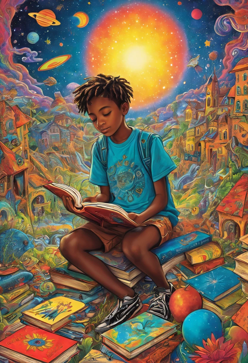  psychedelic art  (drdjns style ), (_Books_ illustration style),  boy daydreams at school ,  imagine all kinds of magical things forgotten in adult minds, masterpiece, 8k,  Kampala,  Award-winning ,  highly refined 