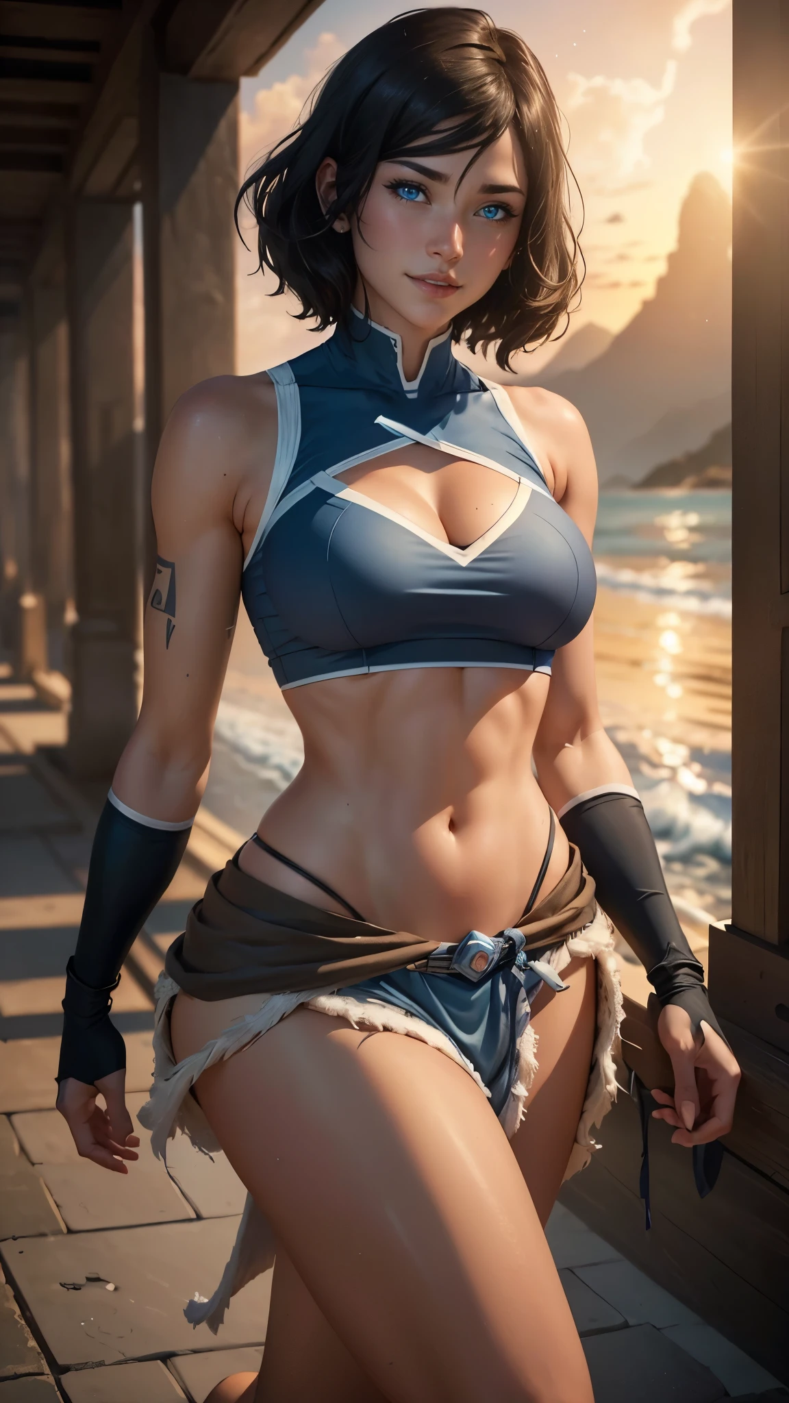 Korra da avatar,(best quality, 4K,8k,high resolution,work of art:1.2)(weather: sunset), beach resort background, tropical beach, wide hips, short curly hair, brown hair, freckles, sleeveless crop top, thong bikini, long beach skirt, micro shorts, sandals, elbow long gloves, cleavage, light makeup, dark eyeshadow, blush, sexy pose, glowing eyes, ultra detailed,portrait,realistic,beautiful detailed blue eyes, beautiful detailed lips,extremely detailed eye and face, long eyelashes,average, large breasts,flying hair,beaming smile, sexy smile, powerful girl, bright coloured, dramatic lighting, starry sky, wet body,