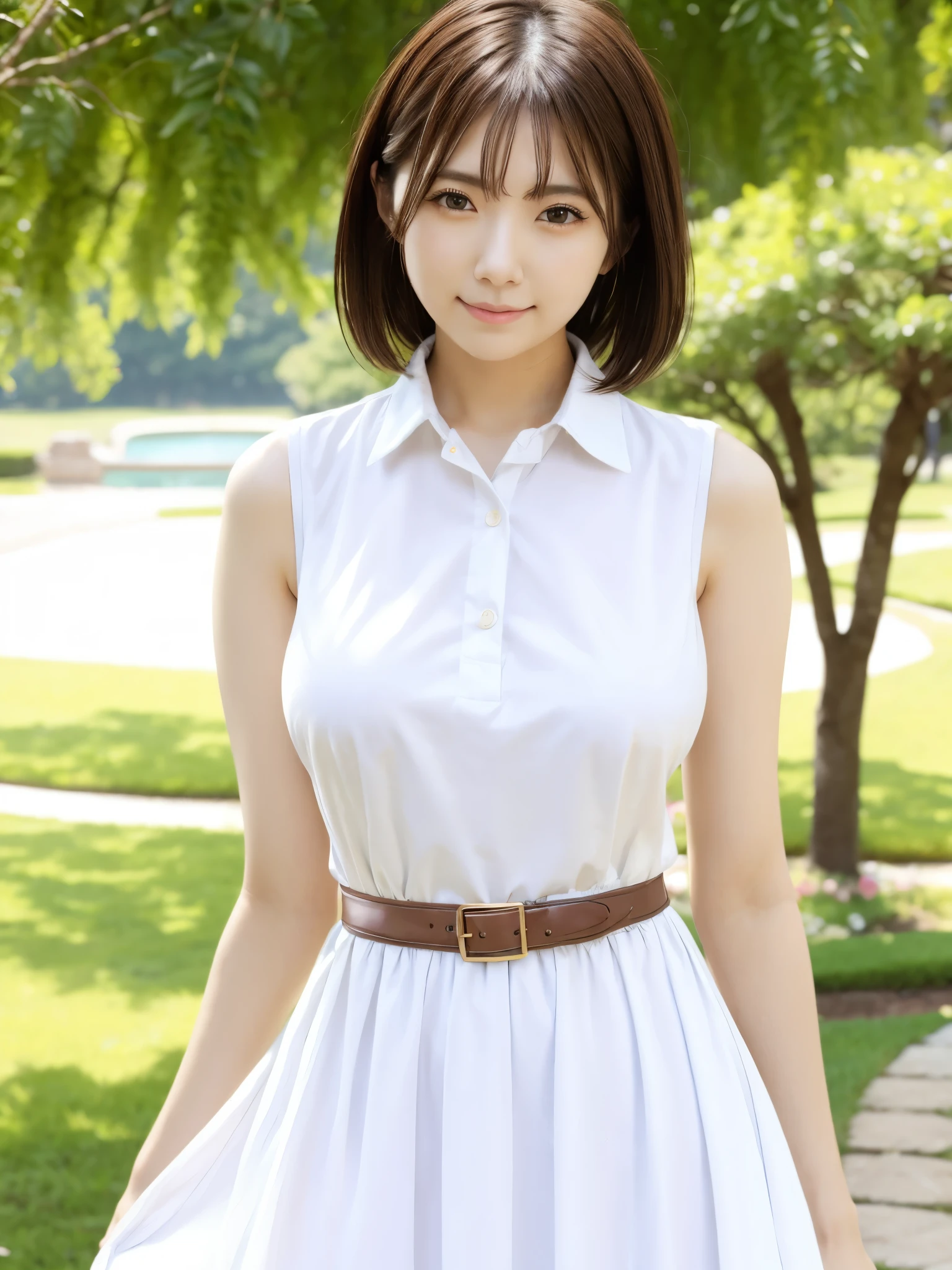 1girl, maitsubasa_jav, breasts, short hair,  brown eyes,
wearing collared white dress, belt, jewelry, outdoors,
detailed body, attractive body, perfect human body, upper body,
looking at viewer, shot using canon DSLR,
(ultimate quality, masterpiece, highres:1.0), realistic:1.8, photorealistic,   