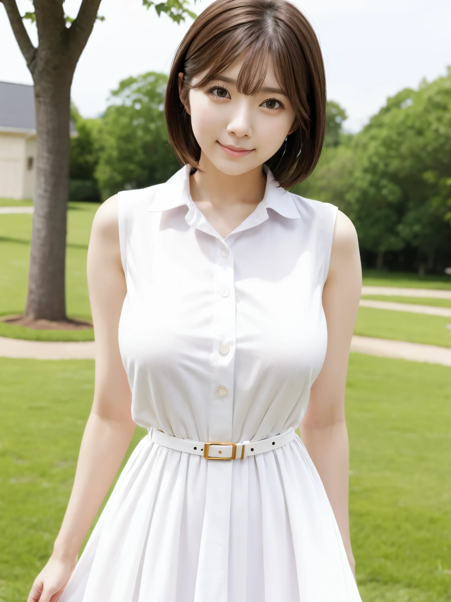 1girl, maitsubasa_jav, breasts, short hair,  brown eyes,
wearing collared white dress, belt, jewelry, outdoors,
detailed body, attractive body, perfect human body, upper body,
looking at viewer, shot using canon DSLR,
(ultimate quality, masterpiece, highres:1.0), realistic:1.8, photorealistic,   