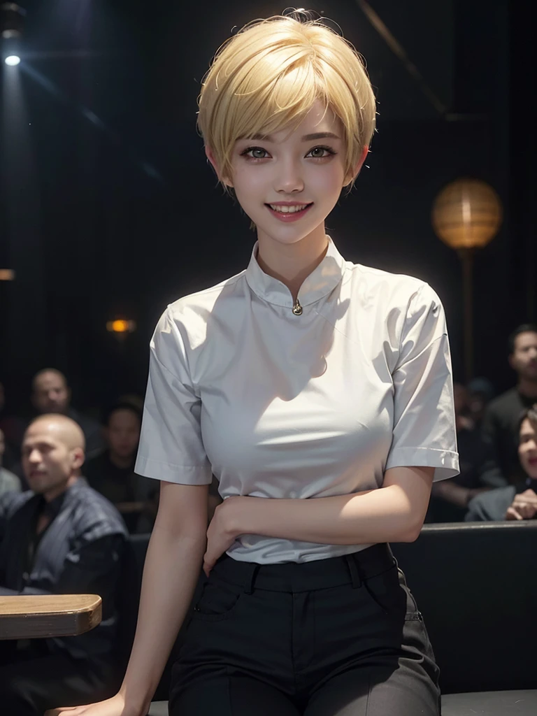 {masterpiece}, (1woman), (pov), (portrait), (face on focus), sitting, (big smile), ((night club, black lighting)), ((in the crowd)), 20years old, ((blonde hair, very short hair, pixie cut)), short sleeve white shirt, black capri pants, Korean
