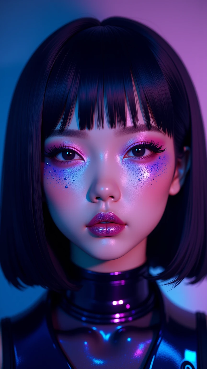 80’s glam rock makeup on shiny android face, anime, 2.5D, Glittery face, moody lighting, (purples, pinks, and blues), iridescent face, abstract ai model, japanese teen, pretty, sexy, minimal, sleek, slender, asian, elegant, chic, futuristic, retro, sophisticated half human half machine, close up face portrait,  big shiny lips, 
