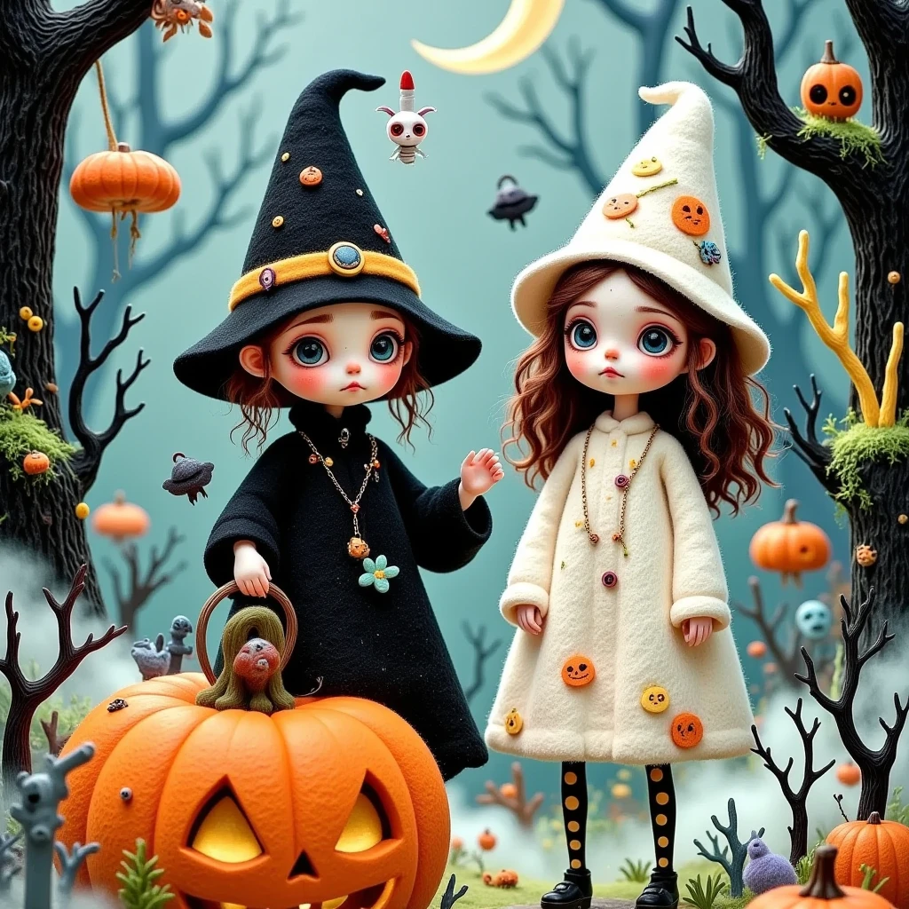 Cartoon Illustration Style, , many, Rococo, line illustration , Hand drawn illustrations, Halloween, 1 Girl, Cute little witch, Sit on a jack-o'-lantern, Halloween decoration, pleasure, Qibi style, Cute cartoon style, warmth,