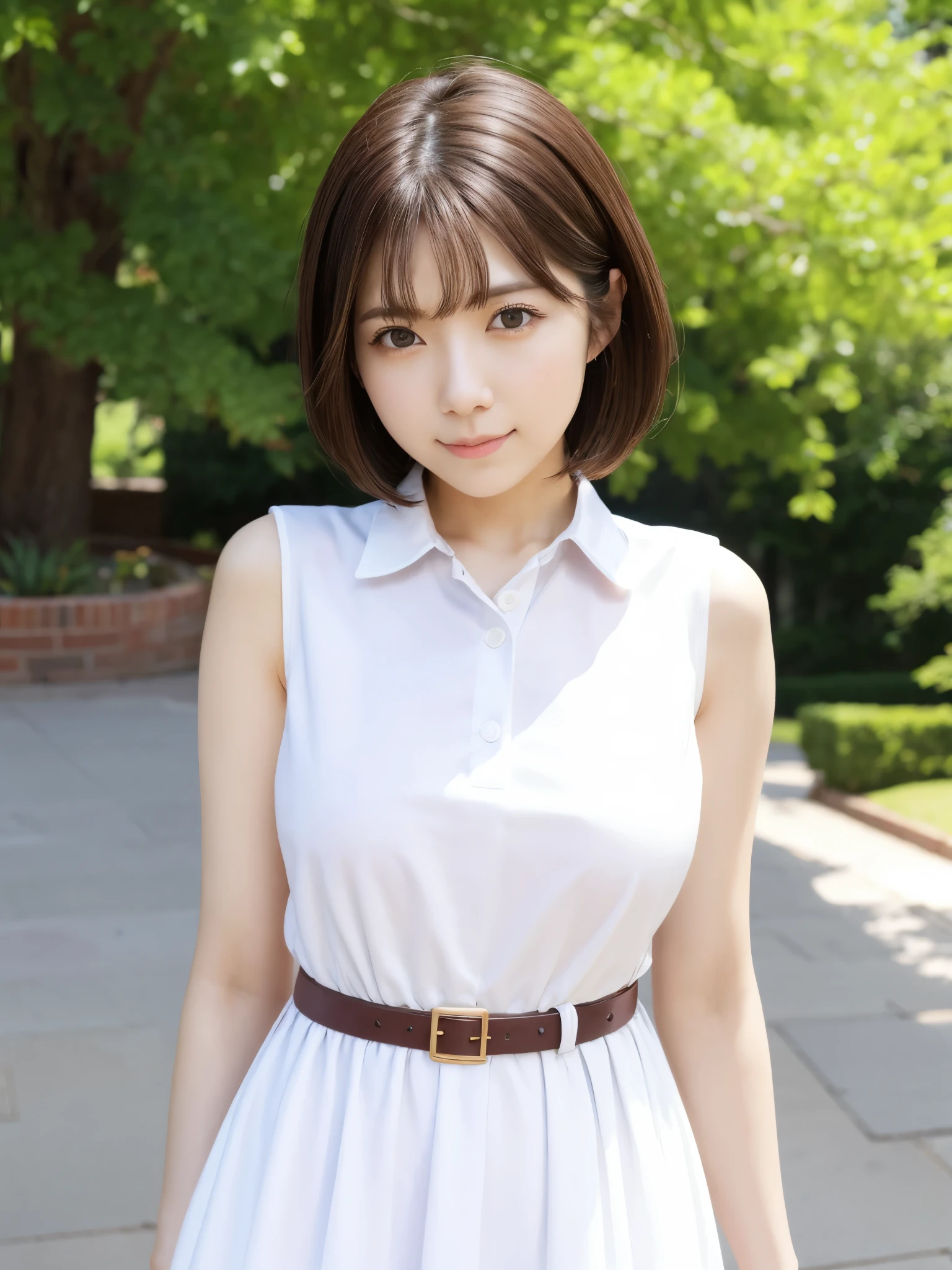 1girl, maitsubasa_jav, breasts, short hair,  brown eyes,
wearing collared white dress, belt, jewelry, outdoors,
detailed body, attractive body, perfect human body, upper body,
looking at viewer, shot using canon DSLR,
(ultimate quality, masterpiece, highres:1.0), realistic:1.8, photorealistic,   