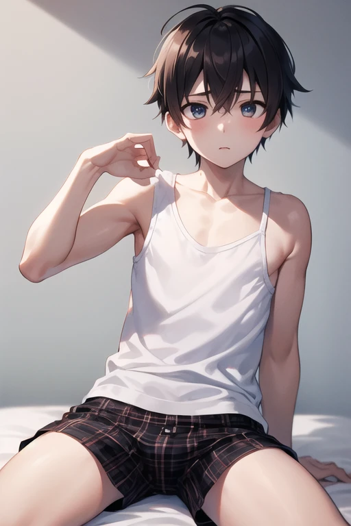 masuter piece，An ultra-high picture quality，Cute One Boy, smooth brown short hair，It has realistic cat ears on its head., No person, red blush, Night, Shota, sticking out the buttocks, tank top and shorts, brown and blue eyes