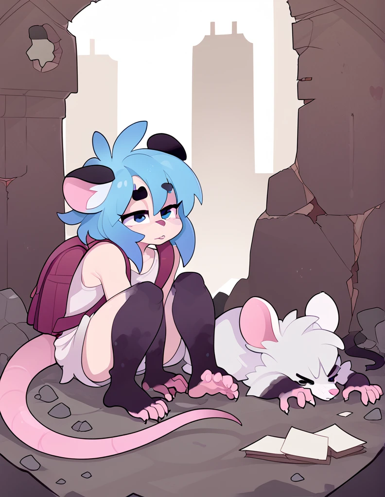 1girl, solo, adult, ruins, apocalyptic city, ((rat girl, kemonomimi, cute, blue hair, white fur, apocalypse survivor, backpack)), dirty, scrappy clothing, fuzzy, scavenger, digging through pile, scavenging, crouched, 