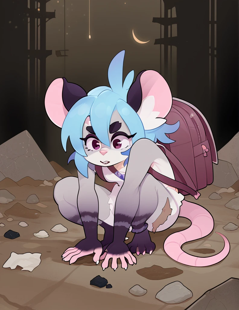 1girl, solo, adult, ruins, apocalyptic city, ((rat girl, kemonomimi, cute, blue hair, white fur, apocalypse survivor, backpack)), dirty, scrappy clothing, fuzzy, scavenger, digging through pile, scavenging, crouched, 