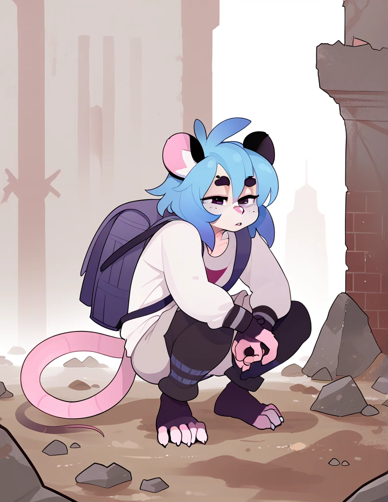 1girl, solo, adult, ruins, apocalyptic city, ((rat girl, kemonomimi, cute, blue hair, white fur, apocalypse survivor, backpack)), dirty, scrappy clothing, fuzzy, scavenger, digging through pile, scavenging, crouched, 