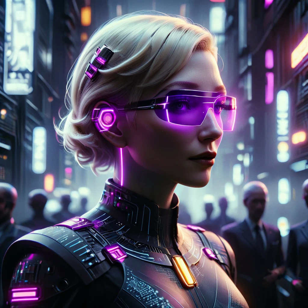 Passport-style portrait shot of a corporate secretary resembling (Cate Blanchett:1.3), set in a neon-noir, futuristic world. The focus is on her head and shoulders, with a (professional:1.2) yet mysterious expression. She is wearing a sleek, high-tech corporate uniform with (subtle glowing lines:1.3), reflecting the advanced technology of the mega-corporation she serves. The background is blurred, illuminated by soft (neon lights:1.3) in shades of blue and purple, creating a minimalistic yet futuristic vibe. Her short, (platinum blonde hair:1.2) is neatly styled, and her intense gaze suggests intelligence and secrecy. The (lighting:1.2) is even, highlighting her sharp features and creating soft shadows. Digital art, 4K, ultra-quality, intricate details, (cyberpunk:1.3), (neon-noir:1.3), corporate character portrait.