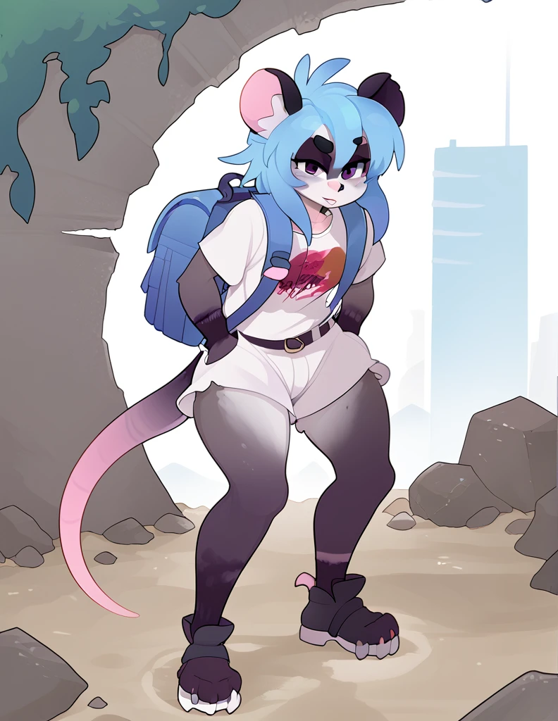 1girl, solo, adult, hips, figure, ruins, apocalyptic city, ((rat girl, kemonomimi, cute, blue hair, white fur, apocalypse survivor, backpack)), dirty, scrappy clothing, fuzzy, scavenger, scavenging, crouched, 