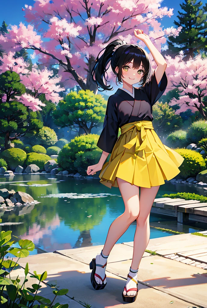 1 black-haired girl, ponytail, yellow skirt, looking at the viewer,  smile, Looking up, Beautiful Japanese Garden, masterpiece, accurate